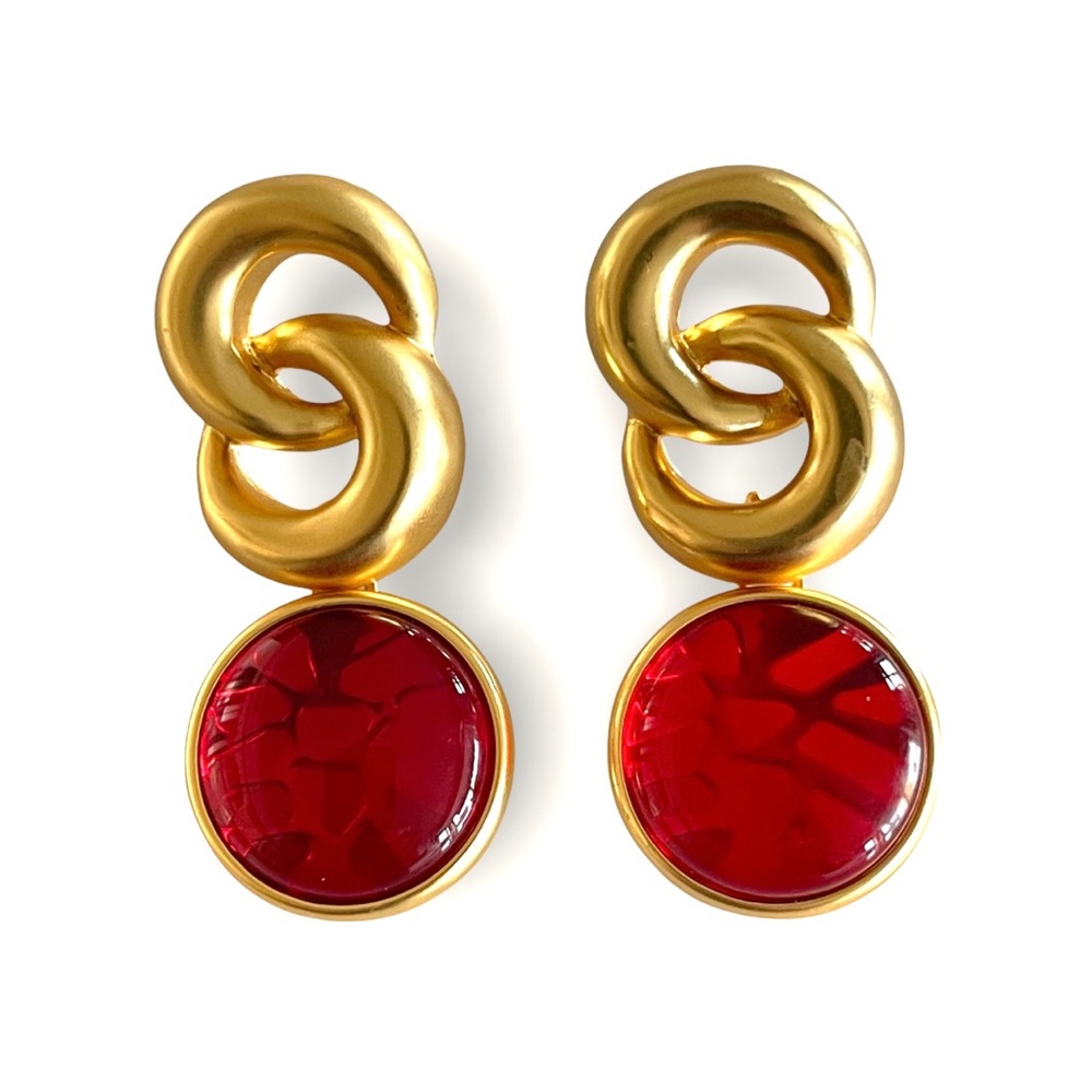 VTG style red cabochon gold tine pierced dangle earrings